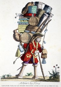 Bewundere die Kraft. Karikatur von Apothekern gegen den Herzog von Force im Jahr 1721. von French School
