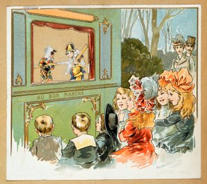 Werbung für Kaufhäuser "Le Bon Marché" mit einer Gruppe von Kindern, die eine Show beobachten, 20. Jahrhundert