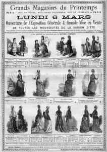 Werbung für die Eröffnung der allgemeinen Ausstellung und den Verkauf von Neuheiten der Sommersaison (Sommerkollektion) in den Kaufhäusern Printemps in Paris. Gravur in „L