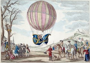 Aerostat: Der zweite Versuch, mit einem Ballon zu fliegen. Aufstieg des Wasserstoffgasballons von Charles und Robert auf der Prairie de Nesle, nahe Paris am 01.12.1783. Anonymer Druck aus dem 18. Jahrhundert. Paris, dekorative Künste von French School