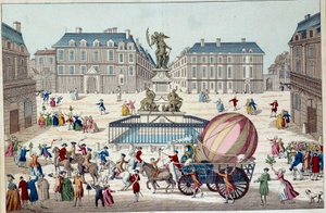 Aerostat: der zweite Versuch, mit einem Ballon zu fliegen. Der gesamte aerostatische Globus von Charles und Robert in Paris, nach einer Reise mit einem Wasserstoffgasballon, am 02.12.1783. Anonymer Druck aus dem 18. Jahrhundert. Paris, dekorative Künste