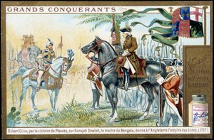 Nach dem Sieg von Plassey über Surajah Dowlah (Suraj Ud-daula oder Ud Daula Ud Daulah oder Ud-Daulah), gab der Herrscher von Bengalen England 1757 das Reich von Indien. 19. Jahrhundert Liebig Chromolithografie. von French School