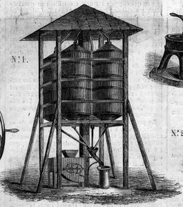 Landwirtschaftliche Maschine: ein konservativer Dachboden für Weizen, präsentiert auf der Landwirtschaftsausstellung 1860 in Paris. Gravur in „Le Monde Illustré“ Nr. 168 vom 30. Juni von French School