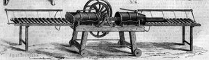 Landwirtschaftsmaschine: eine Maschine zur Herstellung von Drainagerohren, präsentiert auf der Landwirtschaftsausstellung 1860 in Paris - Gravur in „Le Monde Illustré“ Nr. 168 vom 30. Juni von French School