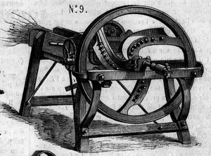Landwirtschaftsmaschine: eine englische Strohaxt, präsentiert beim Pariser Landwirtschaftswettbewerb 1860. Gravur in „Le Monde Illustré“ Nr. 16 vom 7. Juli 1860. von French School