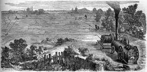 Landwirtschaft: Bauern verwenden eine Dampfmaschine für ihre Kultivierung. Gravur in „Le Monde Illustré“ Nr. 131 vom 15. Oktober 1859. von French School