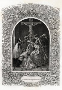 Alexander VII (Alexander oder Alessandro) (Papst von 1655 bis 1667) zu Füßen Christi. Gravur zur Illustration von Histoire des popes von Maurice Lachatre (1814-1900), librairie du progres, Paris