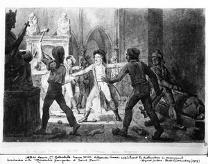Alexandre Lenoir (1761-1839) widersetzt sich der Zerstörung der königlichen Gräber der französischen Monarchie in der Kirche von Saint-Denis, 1793