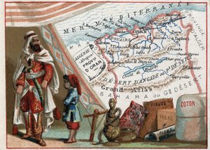 Algerien in Afrika und die Provinz Oran, Frankreich. Serie über die französischen Departements. Import von Feigen, Baumwolle, Tabak, Achat und Blei. Chromolithographie "Der geografische Faden", ca. 1920. Private Sammlung von French School