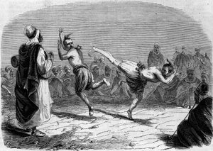 Algerischer Brauch: Arabischer Tanz. Zeichnung von Herrn Rigo, basierend auf einer Skizze von Herrn Ameler, Bataillonsführer. Gravur in "Le Monde Illustré" Nr. 86 vom 11. Dezember 1858. von French School