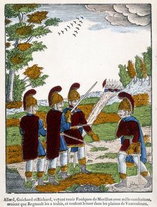 Allard, Guichard und Richard, die sehen, wie Morillon mit tausend Kämpfern kommt, glauben, dass Regnaut sie verraten hat, und wollen ihn in den Ebenen von Vaucouleurs töten. Bild von Epinal aus dem Jahr 1825, das eine Szene des Epos vom Ende des 1.