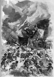 Allegorie des Plebiszits von Napoleon III. im Jahr 1870. Die Plebiszit-Urne wird zu einem Topf, in dem die Volksabstimmung köchelt. Das Feuer wird durch das Totholz des alten Baums der französischen Verfassung genährt. Gravur von Edmond Morin in „The Illus
