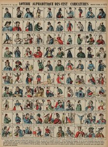Alphabetische Lotterie von hundert Karikaturen