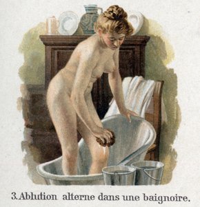 Alution in einer Badewanne mit zwei Eimern, einer mit heißem Wasser und der andere mit kaltem Wasser von French School