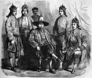 Botschafter von Siam (Thailand) während ihres Besuchs in Paris im Jahr 1858. Gravur in „Le Monde Illustré“ Nr. 49 vom 20. März 1858 von French School