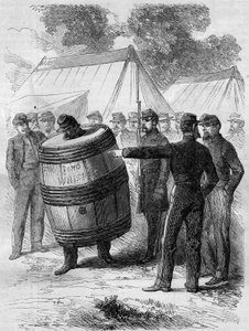 Amerikanischer Bürgerkrieg (1861-1865): Bestrafung eines betrunkenen Soldaten der Konföderierten Armee. Er trägt ein durchbohrtes Fass und geht durch das Lager unter den amüsierten Blicken anderer Soldaten. Gravur in 