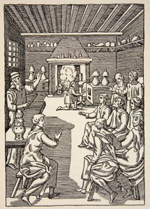 Eine Alchemie-Lektion im 14. Jahrhundert, Kopie von Boris Mestchersky, Illustration aus Histoire de la Nation Francaise, Sciences, Bände I & II, von Gabriel Hanotaux, 1924 von French School