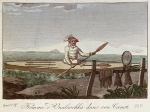 Ein Bewohner der Insel Unalaska in seinem Kanu, 1811 von French School