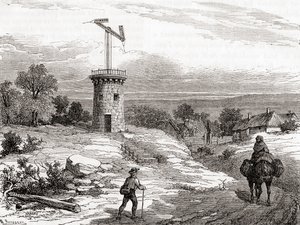 Ein Lufttelegrafenmast im 18. Jahrhundert, aus Les Merveilles de la Science, veröffentlicht um 1870 (Gravur) von French School