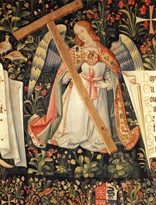 Ein Engel, das Kreuz tragend, aus einem Wandteppich, der Engel mit den Leidenswerkzeugen darstellt, Loire-Werkstatt