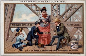 Ein Aufstieg auf den Eiffelturm: man stärkt sich im 1. Stock - Chromo. Liébig, Anfang 20. Jahrhundert von French School