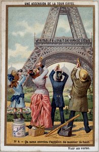 Ein Aufstieg auf den Eiffelturm: Man sieht die Höhe des Turms in der Fernsicht - Chromo. Liebig, Anfang 20. Jahrhundert von French School