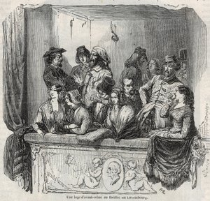 Eine Avant-Stage-Loge im Luxemburger Theater in Paris im 19. Jahrhundert - Gravur in „Tableau-de-Paris“ von Edmond Texier 1852