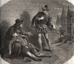 Ein Abgesandter des Königs von Frankreich Heinrich III. (1551-1589) wurde 1582 sterbend in den Straßen von Rom gefunden. Er trug eine kompromittierende Nachricht des Königs über seine Schwester Marguerite de Valois (1553-1615), bekannt als Königin Margot.  von French School