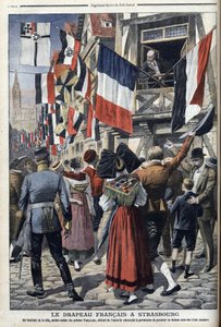 Ein alter französischer Soldat im von Deutschland besetzten Straßburg darf die französische Flagge zeigen - „Le Petit Journal“ vom 20. September 1908 (Gravur) von French School