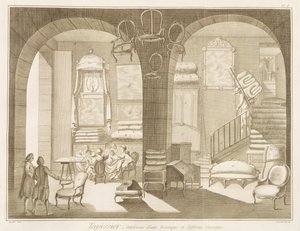Eine Polsterwerkstatt, aus der Encyclopedie des Sciences et Metiers von Denis Diderot (1713-84) veröffentlicht ca. 1770