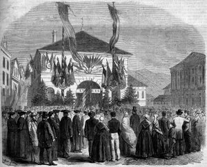 Annexion von Savoyen an Frankreich, Chambéry, 22. April 1860: Abstimmung der Bevölkerung über den Anschluss von Savoyen an Frankreich. Gravur in „Le Monde Illustré“ Nr. 160 vom 5. Mai 1860 von French School