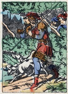 Anonyme Illustration für „Dornröschen“, Märchen von Charles Perrault (1628-1703), französischer Schriftsteller. Holzstich von Imaging Pellerin - Epinal, späte 19. Jahrhundert.
