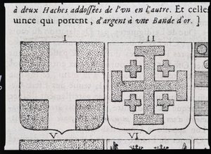 Wappen von Montmorency und Godefroy de Bouillon - in „Die wahre und vollkommene Wissenschaft der Wappen oder das Verzeichnis der Wappen“ von Pierre Paillot von French School