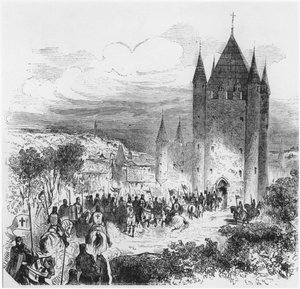 Armee der Tempelritter betritt den Tempel in Paris, Illustration für eine Histoire de France, Mitte 19. Jahrhundert von French School