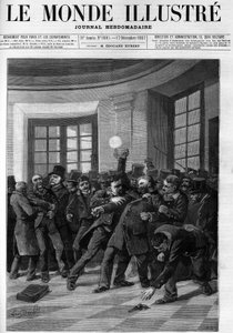 Verhaftung von Aubertin nach seinem versuchten Anschlag auf Jules Ferry im Palais Bourbon im Jahr 1887. Titelblatt von „Die illustrierte Welt“ von 1887. von French School