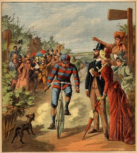 Ankunft eines Radrennens auf dem französischen Land. Gravur in „La Terre Illustree“ Nr. 81 vom 19. Mai 1892. von French School
