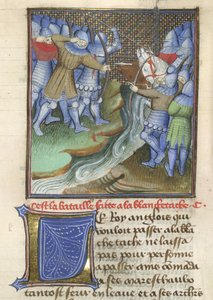Arundel 67, f.144, Mittelalterliche Soldaten kämpfen über einen Fluss, aus Chroniques d