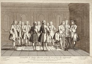 Versammlung der Freimaurer zur Aufnahme von Lehrlingen (Gravur) von French School