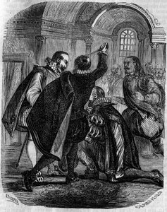 Attentatsversuch von Jean Chastel (1575-1594) auf den König von Frankreich Heinrich IV. am 27. Dezember 1594. Gravur des 19. Jahrhunderts. von French School