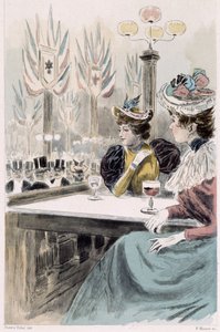Im Moulin Rouge: Frauen sitzen vor einem Glas - in "Nos contemporains" von Octave Uzanne von French School