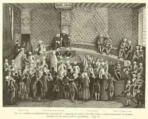 Gerichtsverhandlung im Châtelet von Paris unter Ludwig XV., Urteil über Diebe und Mädchen; nach dem Gemälde im Besitz von M. Desmaze, Rat am Gerichtshof; Zeichnung von Mme L. de Chatillon von French School