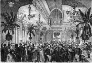 Bankett der Zeitung „Le Figaro“, gegeben am 6. Februar 1864 im Salon des Restaurants Passage des Princes in Paris, an dem Journalisten, Schriftsteller, Künstler teilnehmen... Anwesend sind von links nach rechts: Nestor Roqueplan, Mme Ugalde, de Montaut, Pe