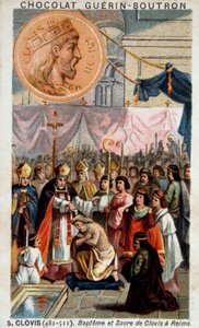 Taufe und Krönung von Clovis in der Kathedrale von Reims, 25. Dezember 496, durch Saint Remi, Bischof von Reims von French School