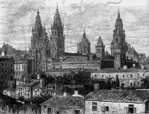 Barockkunst: Ansicht der Kathedrale von Santiago de Compostela. Spanien. Gravur in „Le Monde Illustré“ Nr. 1220 vom 14. August 1880 von French School