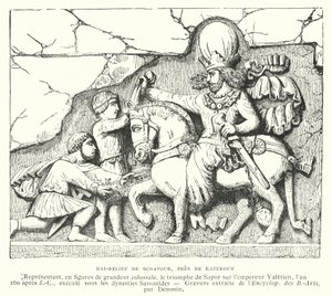 Basrelief bei Kazerun, Iran, das den Sieg des sasanischen Königs Shapur I. über den römischen Kaiser Valerian in der Schlacht von Edessa, 260, darstellt (Stich) von French School
