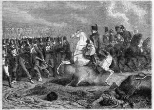 Schlacht von Arcis-sur-Aube, 20.-21. März 1814 - Granate explodiert unter dem Pferd von Kaiser Napoleon - Schlacht von Arcis-sur-Aube (Arcis sur Aube) 20. und 21. März von French School