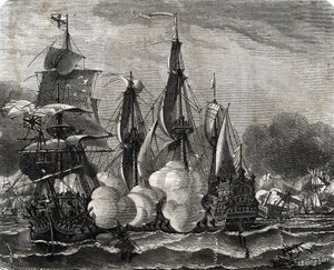 Schlacht von Bantry Bay, Seeschlacht am 11. Mai 1689, eine Woche vor der Erklärung des Neunjährigen Krieges (Gravur aus Lahure) von French School