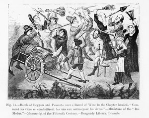 Schlacht von Bettlern und Bauern um ein Weinfass, aus dem Buch von König Modus, Illustration aus Wissenschaft und Literatur im Mittelalter und in der Renaissance, geschrieben und graviert von Paul Lacroix
