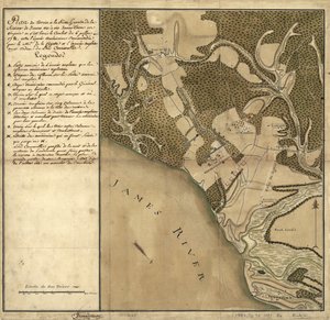 Schlacht von Green Spring, Karte des Landes am linken Ufer des James River gegenüber von Jamestown in Virginia, wo die Schlacht am 6. Juli stattfand von French School
