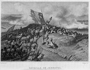 Schlacht von Jemappes im Jahr 1792 (Sieg der Franzosen, kommandiert von Dumouriez) - in „Revolution francaise“ von Thiers. 19. Jahrhundert von French School